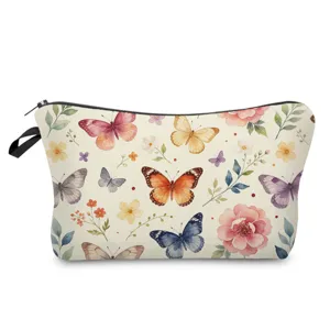 Exquisite watercolor butterfly print detail on fabric cosmetic pouch for daily items.