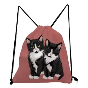 Cute cat print drawstring backpack, casual cartoon animal style women bags storage bag