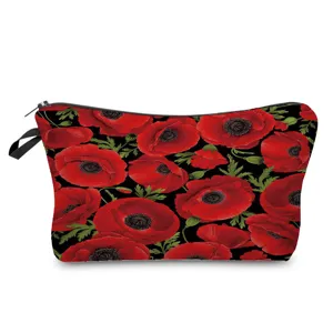 Vibrant red poppy flower print makeup bag, stylish portable cosmetic pouch for daily use.