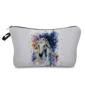Watercolor white horse print cosmetic bag portable travel toiletry storage pouch organizer.