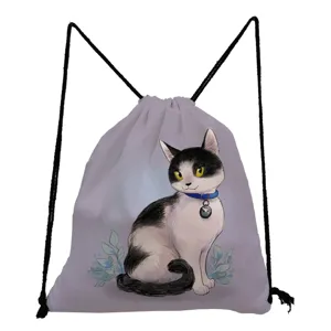 Cute black and white cat print drawstring backpack casual daily storage lightweight bag