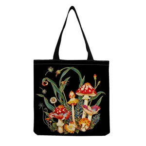 Sac à épaule en toile avec imprimé champignon vintage, cabas quotidien pour femmes.
