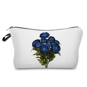 Blue floral cosmetic bag portable travel makeup pouch cute toiletry organizer for women girls