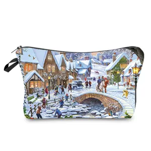 Sac de cosmétiques imprimé village d'hiver de Noël pochette de maquillage portable