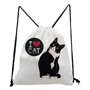 Cute black and white cat print canvas drawstring backpack casual daily shoulder storage bag