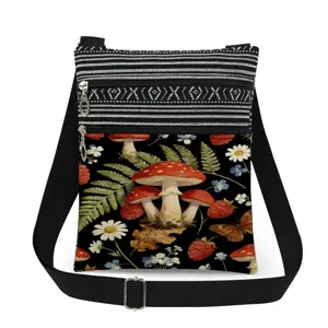 Vintage mushroom floral print crossbody bag with double zippers and adjustable strap for women