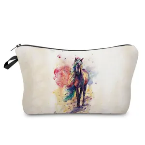 Watercolor horse print cosmetic bag portable makeup pouch travel toiletry storage organizer