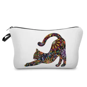 Portable floral cat makeup pouch detail, colorful mandala cat print cosmetic storage bag.
