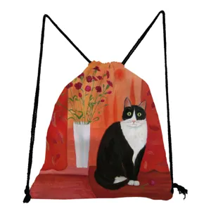 Cute black and white cat print drawstring backpack artistic flower canvas daily casual bag