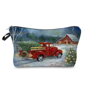 Détail de trousse de maquillage motif camion de Noël, vue rapprochée de la pochette.
