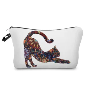 Floral cat print cosmetic bag portable makeup pouch travel toiletry organizer for women