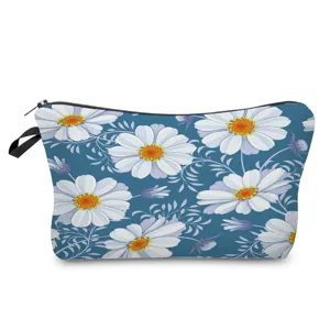 Blue floral print cosmetic bag, portable zipper travel makeup pouch for daily use!