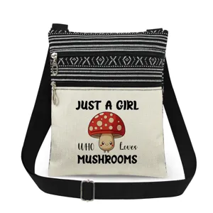 Canvas crossbody bag with black white stripes, cute mushroom print and double zipper design.