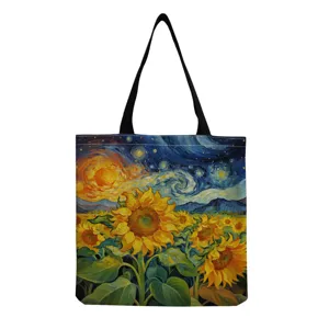 Canvas tote bag featuring Van Gogh starry night and sunflower art print, casual shoulder bag.