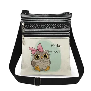 Canvas crossbody bag with cute owl print, dual zippers, and adjustable shoulder strap.