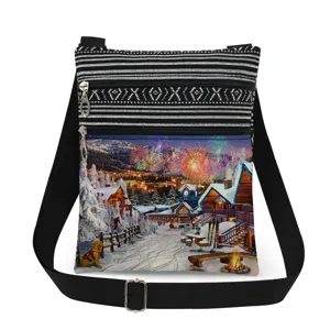 Christmas print crossbody bag detail showing the snowy village pattern and double zippers.
