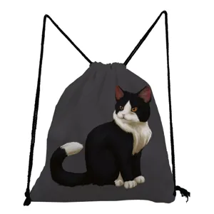 Dark grey drawstring backpack featuring a cute black and white cat print, casual daily detail view.