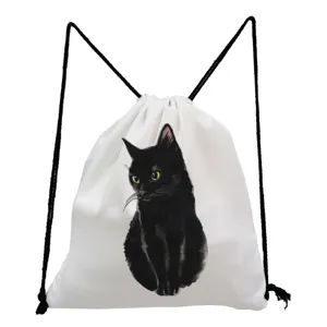 Watercolor black cat print detail on white fabric drawstring bag surface texture closeup.