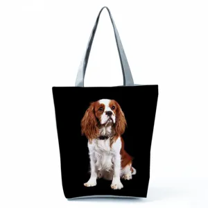 Dog print canvas shoulder bag, casual large capacity tote bag for daily travel and shopping.