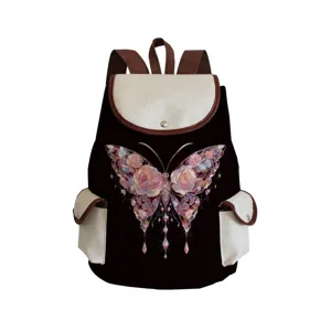 Canvas Butterfly Floral Print Backpack Drawstring Flap School Bag High Capacity Wear Resistant Multipurpose Backpack For Casual Travel Students
