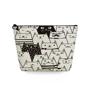 Borsa cosmetica con stampa gatto bianco e nero, simpatico astuccio trucco per viaggio.