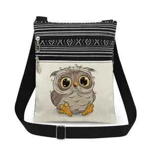 Owl print double zipper crossbody bag with adjustable black shoulder strap, casual messenger bag.