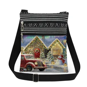 Christmas printed crossbody bag with adjustable strap and double zipper pockets detail