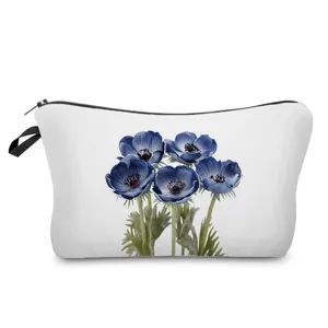 Blue floral print cosmetic bag portable travel makeup pouch with zipper for daily use or gift.