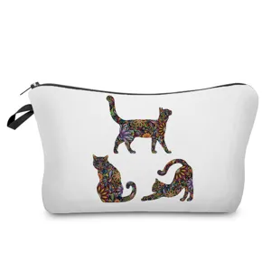 Detail view of portable cosmetic bag featuring vibrant floral mandala cat print and zipper closure.
