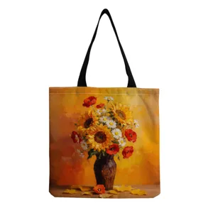 Sunflower printed canvas tote bag, stylish casual shoulder shopping bag for women daily use.