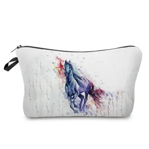 Watercolor galloping horse print makeup pouch, portable travel zipper storage bag with side handle.