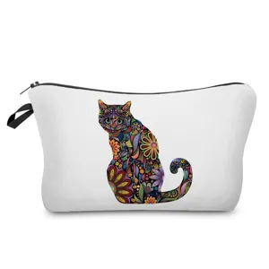 Portable cosmetic bag with colorful floral cat print, ideal for travel and daily storage.