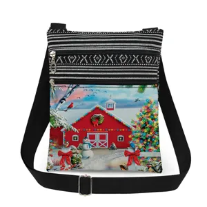 Christmas print crossbody bag with adjustable strap, dual zipper winter snow scene shoulder bag.