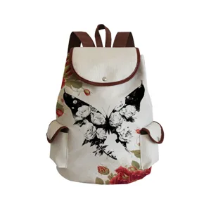Canvas backpack with butterfly rose print, vintage casual school bag, large capacity daypack.