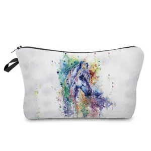 Watercolor horse print makeup bag, portable travel cosmetic organizer pouch with zipper.
