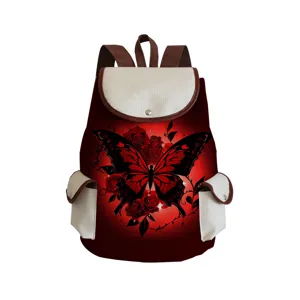 Stylish butterfly print backpack with red gradient design, perfect for school and daily use.