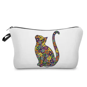 Portable cosmetic bag with colorful floral cat print, ideal travel toiletry storage pouch.
