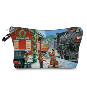 Trousse de toilette imprimée de Noël pochette de maquillage motif de train vintage portable.