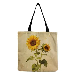 Sunflower print canvas tote bag, vintage floral shoulder shopping bag for women daily use.