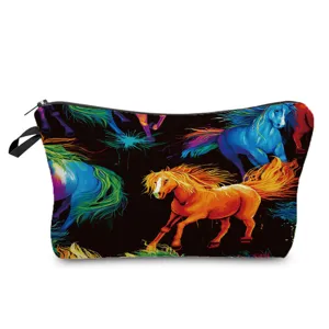 Colorful horse print cosmetic bag makeup pouch travel wash bag with convenient zipper detail.