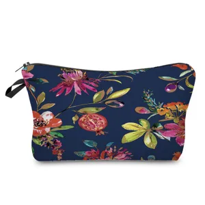 Close-up detail of the colorful floral print cosmetic bag, showing vibrant watercolor botanical design.