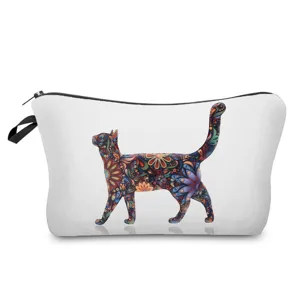 Floral cat print cosmetic bag portable makeup pouch travel toiletry storage bag for women
