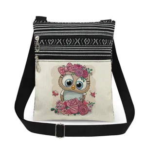 Canvas crossbody bag with cute owl and floral print, adjustable strap and dual zippers.