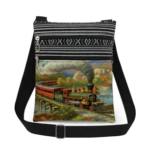 Vintage train printed canvas crossbody bag featuring dual zipper pockets and adjustable strap details.