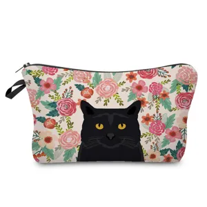 Detail view of the floral black cat print cosmetic bag, perfect for organizing your daily makeup.