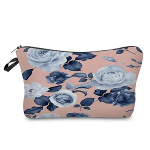 Blue rose floral print cosmetic bag, stylish portable makeup pouch for travel and daily storage.