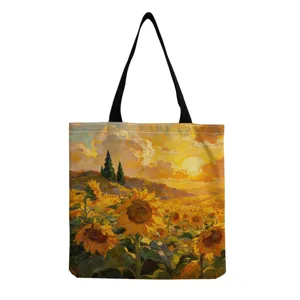 Canvas tote bag with sunflower oil painting print, casual daily shoulder shopping bag.