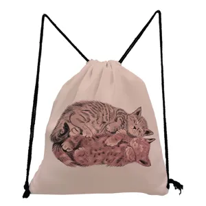 Cute sleeping cat print drawstring bag casual women fashion backpack portable shopping storage bag