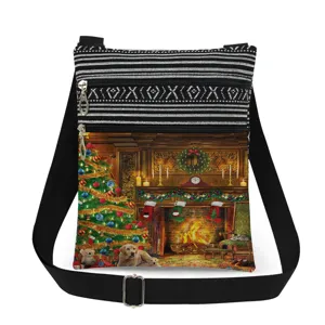 Christmas print crossbody bag, adjustable strap double zipper canvas shoulder bag for women