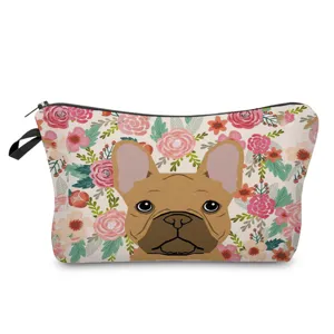 Close-up detail of cute French bulldog floral print cosmetic bag with black zipper.